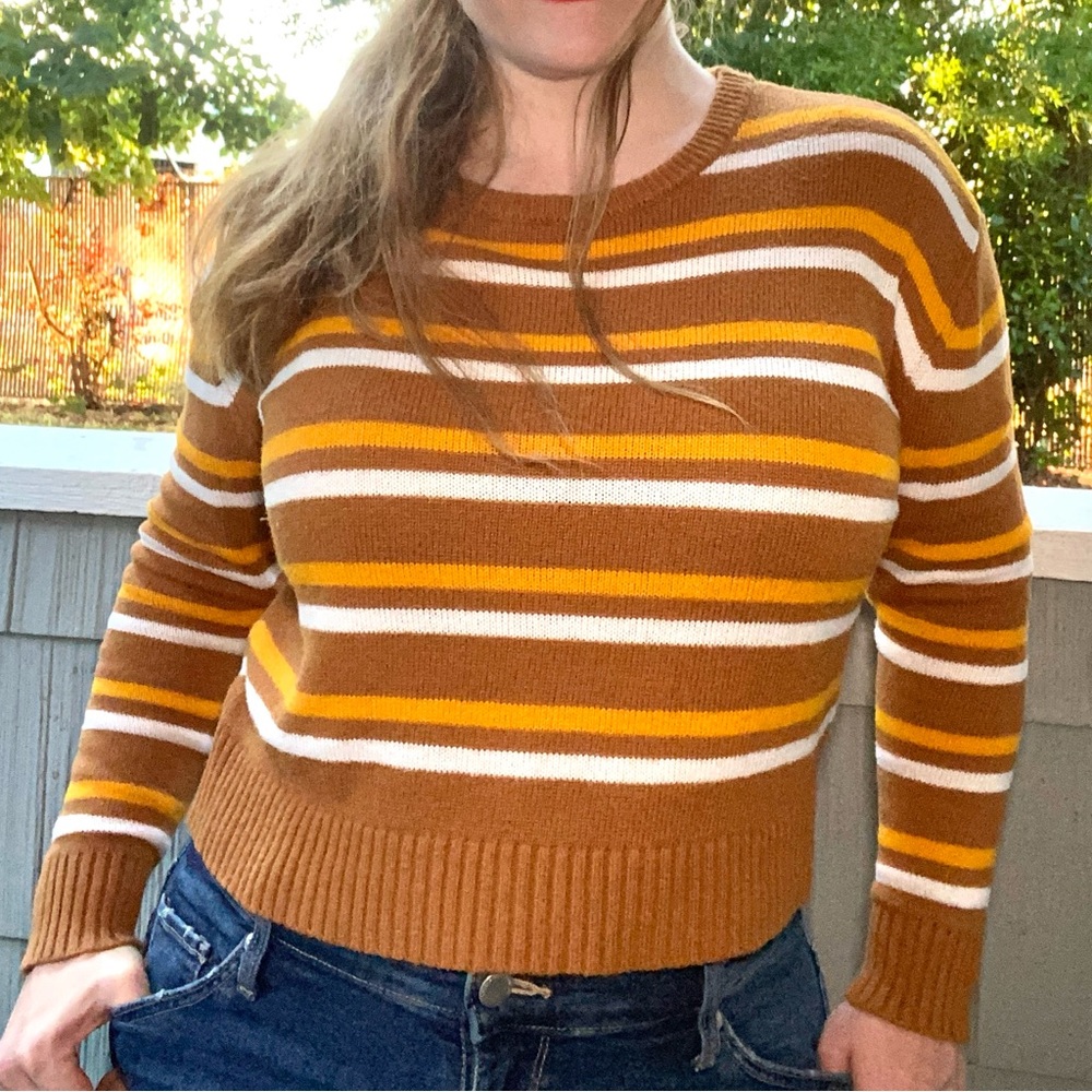 Pre-Loved Garage Brown and Orange Crew Neck Sweater with Retro Stripes